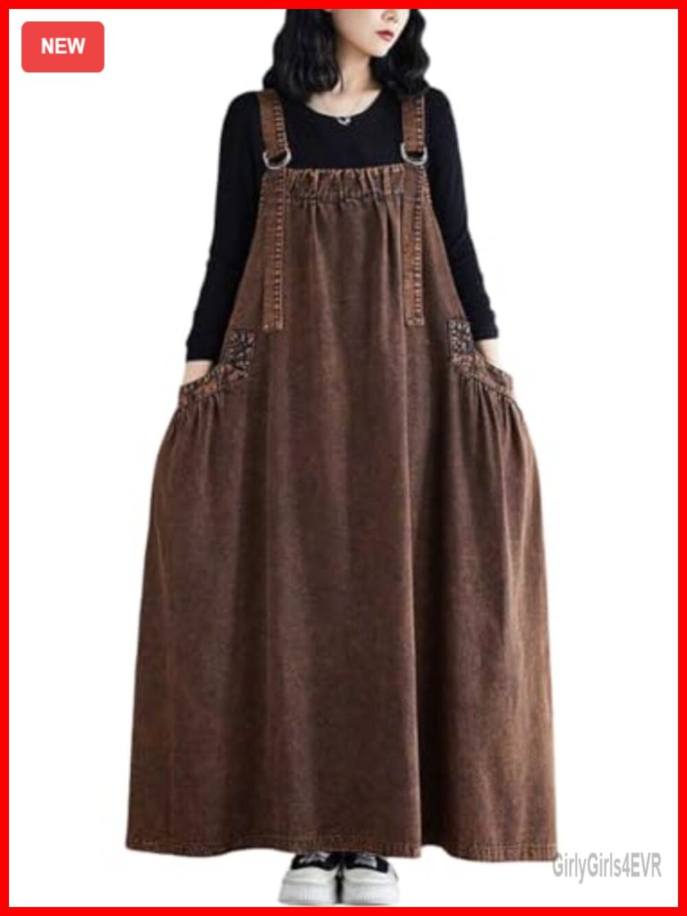 Women's Loose Overalls Jumper Dress Adjustable Straps Wide Hemline Pockets